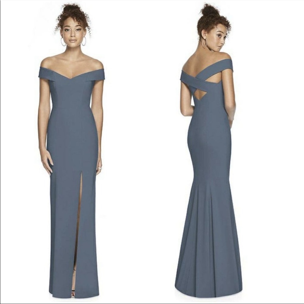 Off-The-Shoulder Criss Cross Back Trumpet Gown Dessy Collection